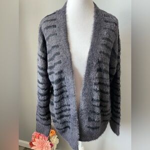 Trucloth Women's Gray Black Striped Fuzzy Eyelash Knit Open Cardigan Sweater
